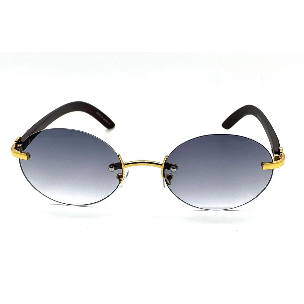 Rimless Sunglasses Oval Lens Gold Accents Fashion Shades Gradient Black Lens New